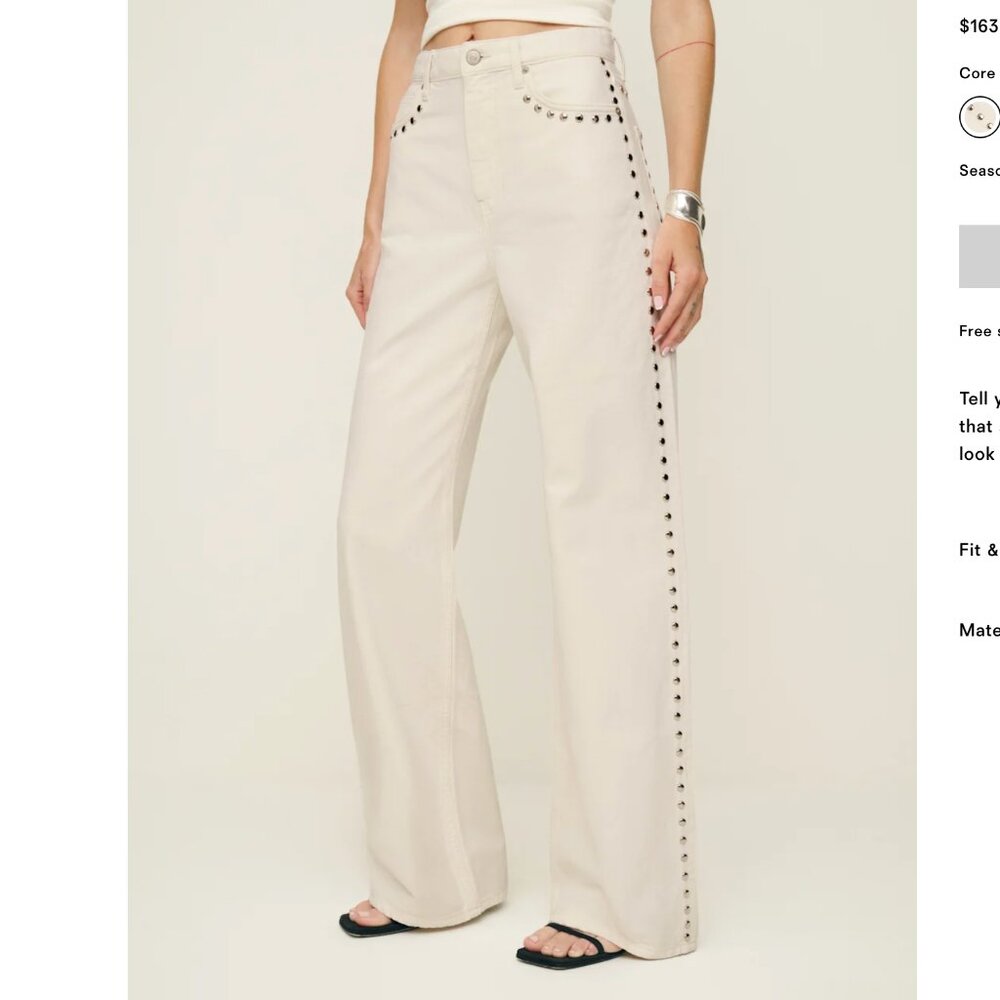 Reformation Cary High Rise Slouchy Wide Leg Jeans Fior Di Latte Studded Size 28